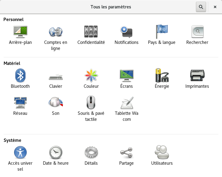 Écran « Paramètres » de GNOME 3.22